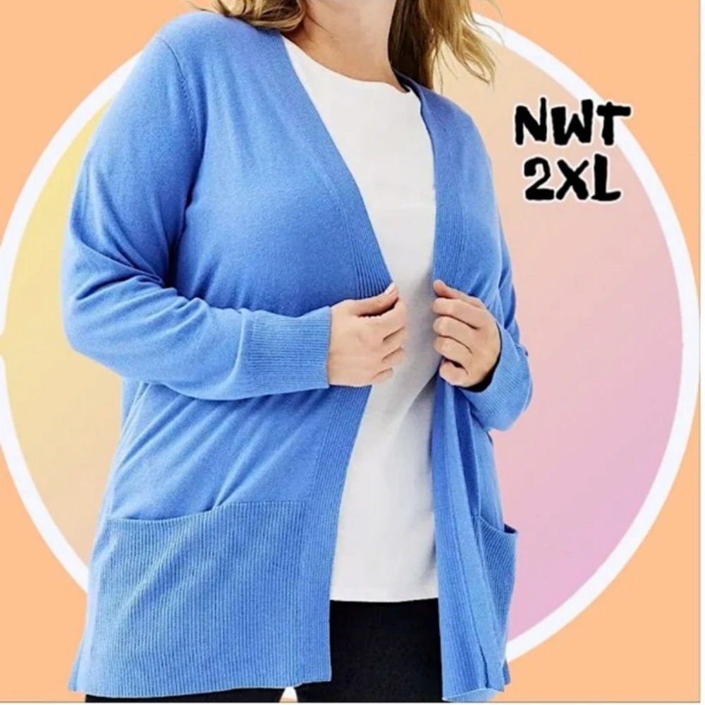 NWT 2X Open Front Cardigan w 2 Pockets Lt Blue